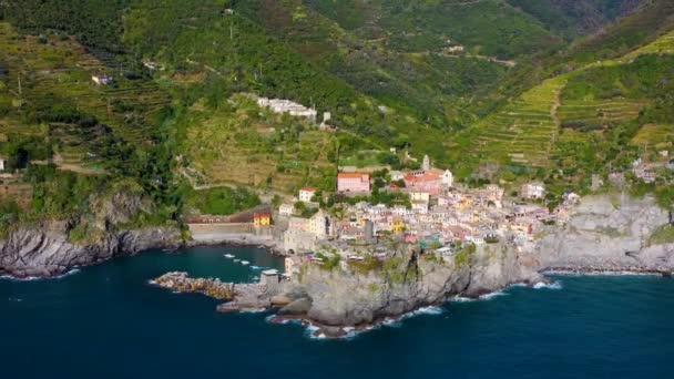 意大利Cinque Terre海岸的Manarola村 马那罗拉是意大利北部利古里亚省拉斯皮西亚省的一个小镇 也是Cinque Terre的旅游胜地之一 — 图库视频影像