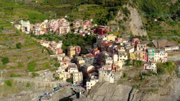 Byn Manarola Luften Utsikt Cinque Terre Kusten Italien Manarola Liten — Stockvideo