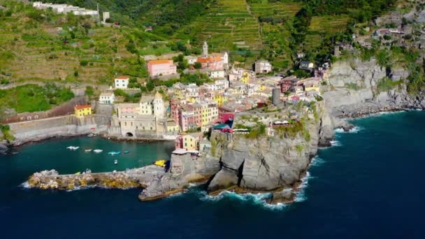 Uitzicht Vanuit Lucht Het Dorp Vernazza Beroemde Stad Cinque Terre — Stockvideo