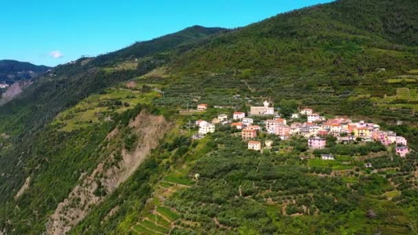 Riomaggiore Vesnice Jeden Cinque Terre Spezia Itálie Letěl Dronem Koncept — Stock video