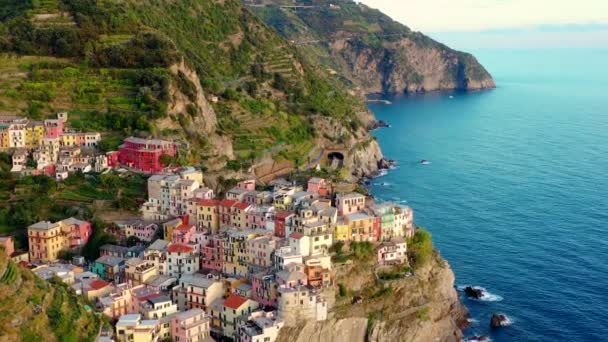 Vesnice Manarola Cinque Terre Pobřeží Itálie Při Západu Slunce Velkolepý — Stock video