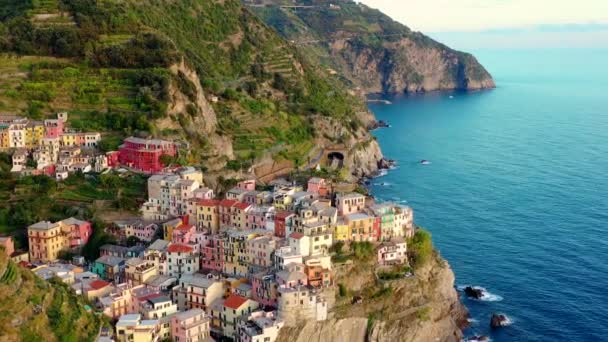 Landsbyen Manarola Kysten Cinque Terre Italia Solnedgang Manarola Storslagen Sett – stockvideo