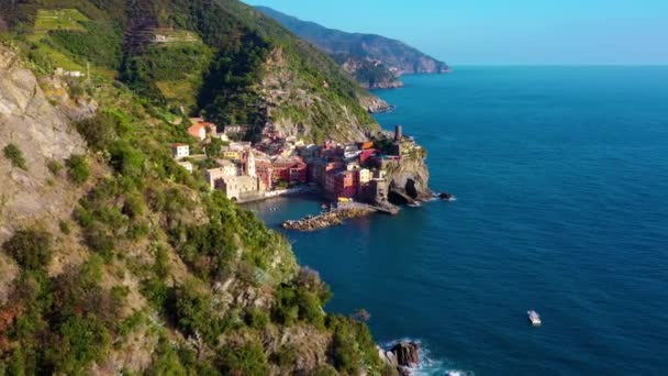 Pueblo Manarola Vista Aérea Costa Cinque Terre Italia Manarola Una — Vídeo de stock