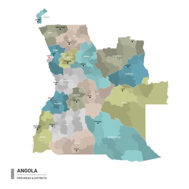 Angola higt, altbirimlerle detaylı bir harita hazırladı. Angola 'nın idari haritası. Bölgeler ve şehirlerin adı, eyaletler ve idari bölgeler tarafından renklendirilmiş. Düzenlenebilir ve etiketlenmiş katmanları olan vektör illüstrasyonu.