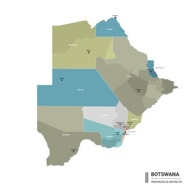 Botswana Higt haritayı alt bölümlere ayırdı. Eyaletler ve idari bölgeler tarafından renklendirilmiş Botswana 'nın idari haritası. Düzenlenebilir ve etiketlenmiş katmanları olan vektör illüstrasyonu.
