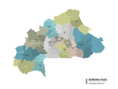 Burkina Faso higt haritayı alt bölümlere ayırdı. Burkina Faso 'nun eyalet ve idari bölgeler tarafından renklendirilmiş ilçeleri ve şehirleri olan idari haritası. Düzenlenebilir ve etiketlenmiş katmanları olan vektör illüstrasyonu.
