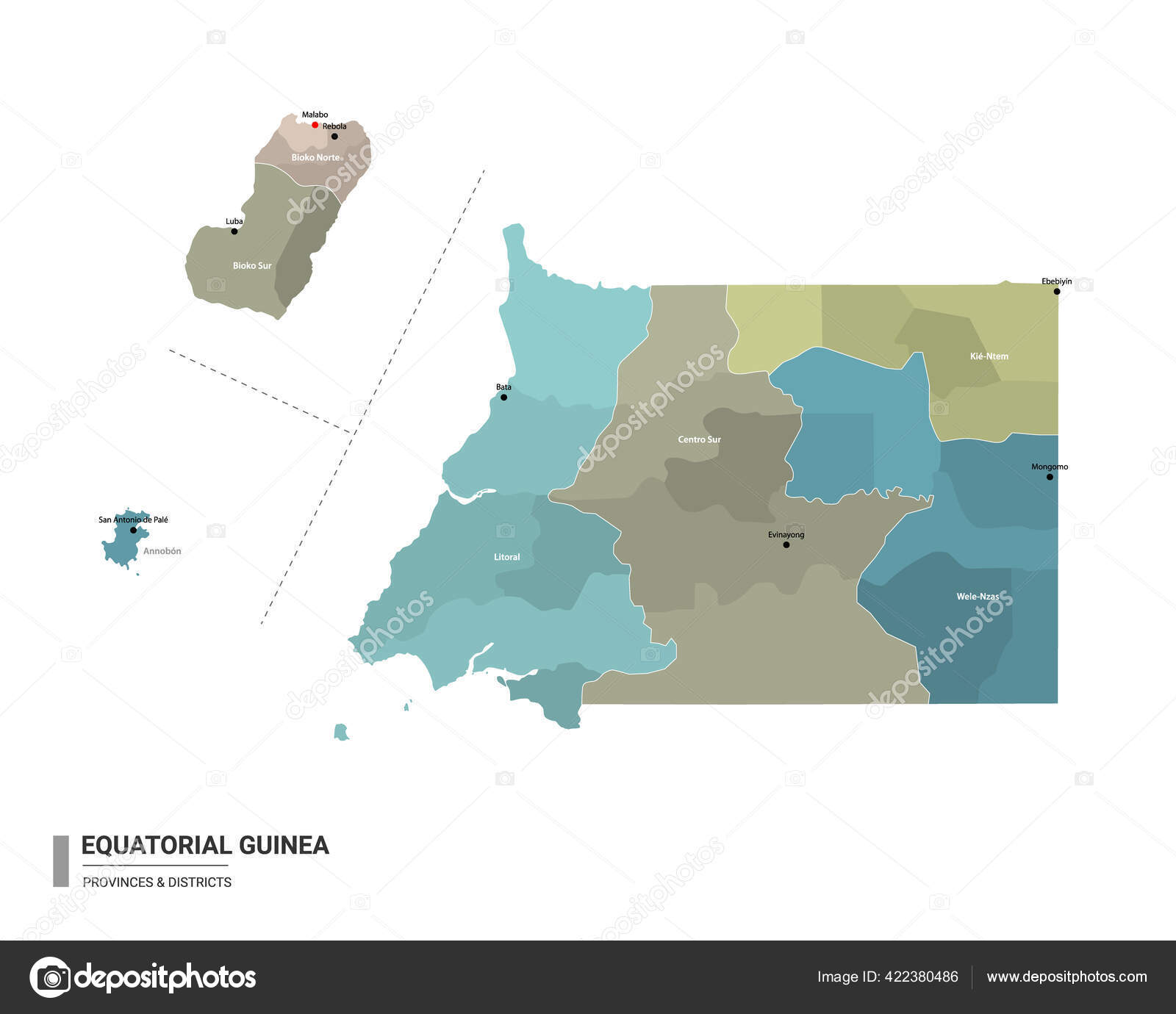 Equatoriaal Guinee Heeft Een Gedetailleerde Kaart Met Onderverdelingen  Administratieve Kaart Stockvector Door ©Molokowall 422380486
