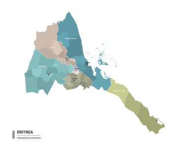 Eritrea higt haritayı alt bölümlere ayırdı. Eyaletler ve idari bölgeler tarafından renklendirilmiş, ilçeleri ve şehirleri olan Eritre idari haritası. Düzenlenebilir ve etiketlenmiş katmanları olan vektör illüstrasyonu.