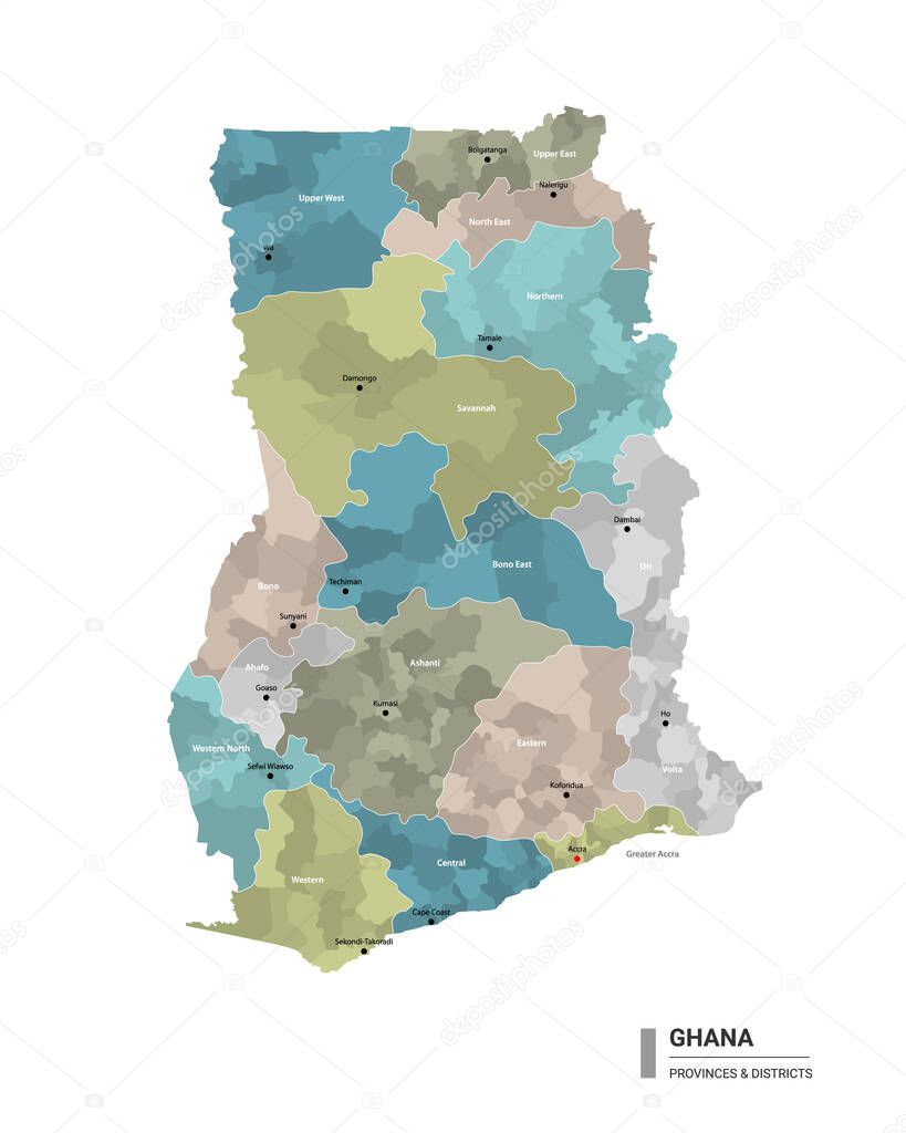 Ghana higt detailed map with subdivisions. Administrative map of Ghana with districts and cities name, colored by states and administrative districts. Vector illustration with editable and labelled layers.