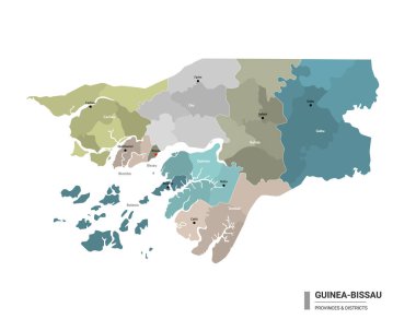 Gine-Bissau higt haritayı alt bölümlere ayırdı. Eyaletler ve idari bölgeler tarafından renklendirilmiş Gine-Bissau idari haritası. Düzenlenebilir ve etiketlenmiş katmanları olan vektör illüstrasyonu.