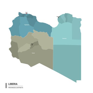 Libya Higt haritayı alt bölümlere ayırdı. Bölgeleri ve şehirleri devlet ve idari bölgeler tarafından renklendirilmiş Libya idari haritası. Düzenlenebilir ve etiketlenmiş katmanları olan vektör illüstrasyonu.