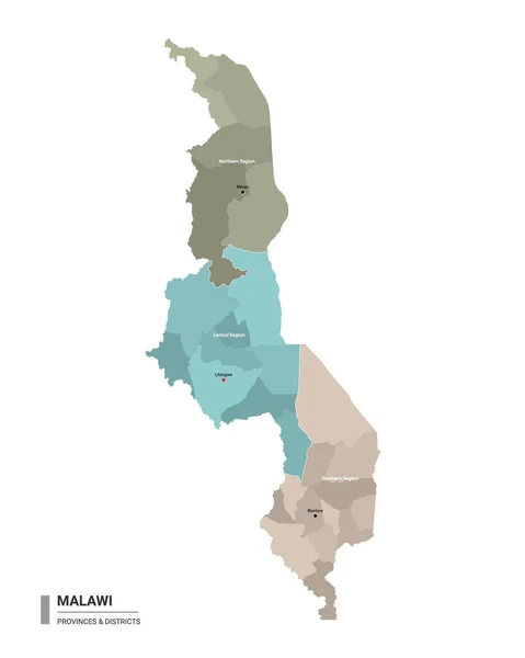 Malawi Higt Mapa Detalhado Com Subdivisões Mapa Administrativo Malawi Com —  Vetores de Stock