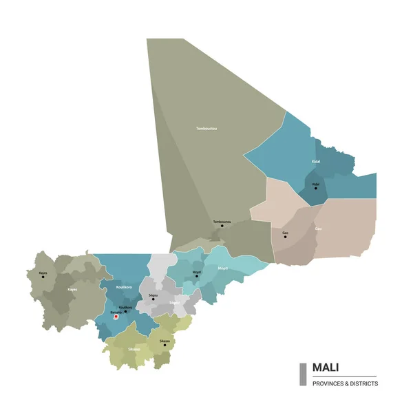 Mali Higt Detaljerad Karta Med Delsektioner Administrativ Karta Över Mali — Stock vektor