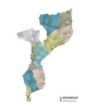 Mozambik Higt haritasını alt bölümlerle birlikte detaylı olarak inceledi. Mozambik 'in idari haritasında eyaletler ve idari bölgeler tarafından renklendirilmiş ilçeler ve şehirler var. Düzenlenebilir ve etiketlenmiş katmanları olan vektör illüstrasyonu.