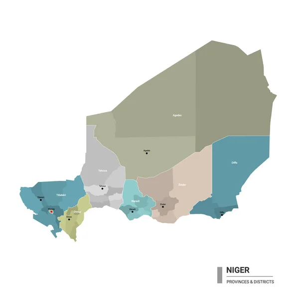 Niger Higt Detailní Mapa Pododdíly Administrativní Mapa Nigeru Názvem Okresů — Stockový vektor