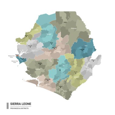 Sierra Leone gemisi haritayı alt bölümlere ayırdı. Eyaletler ve idari bölgeler tarafından renklendirilmiş Sierra Leone 'nin idari haritası. Düzenlenebilir ve etiketlenmiş katmanları olan vektör illüstrasyonu.