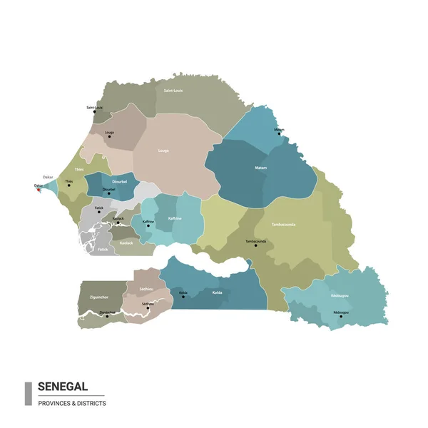 Senegal Higt Mapa Detalhado Com Subdivisões Mapa Administrativo Senegal Com —  Vetores de Stock