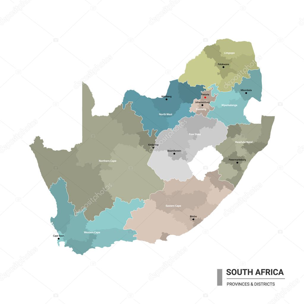 South Africa higt detailed map with subdivisions. Administrative map of South Africa with districts and cities name, colored by states and administrative districts. Vector illustration with editable and labelled layers.