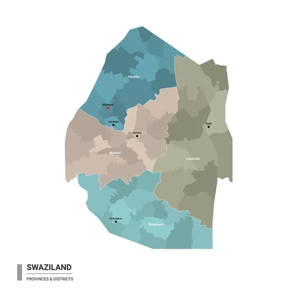 Svaziland Eswatini Alt Birimlerle Birlikte Detaylı Bir Harita Eyaletler Idari — Stok Vektör
