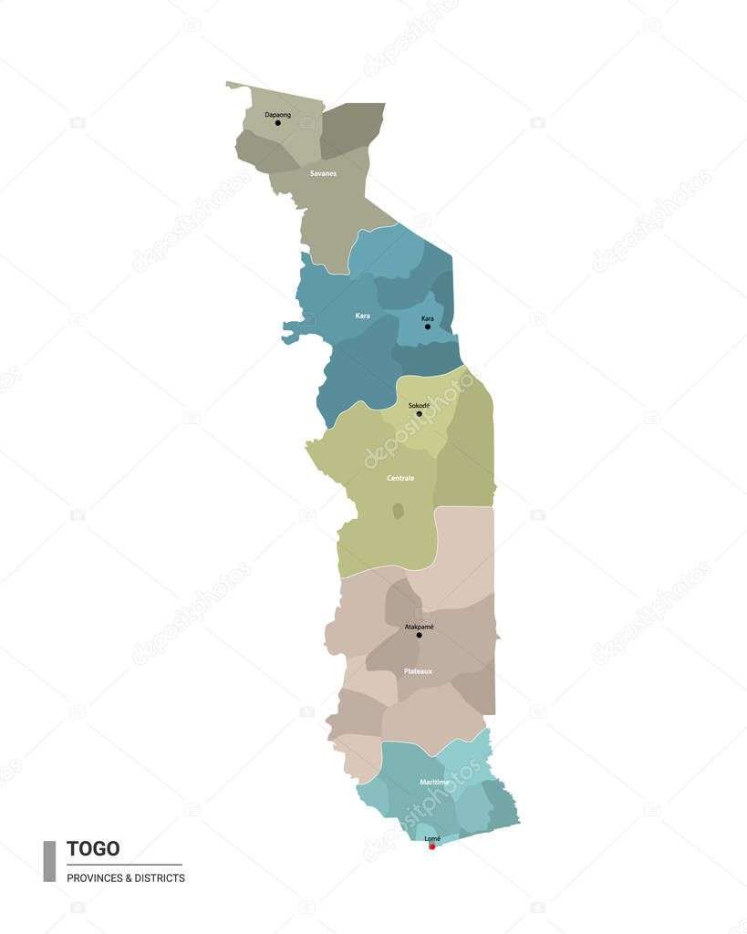 Togo higt detailed map with subdivisions. Administrative map of Togo with districts and cities name, colored by states and administrative districts. Vector illustration with editable and labelled layers.