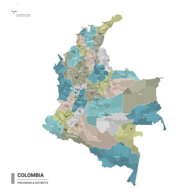 Colombia higt detailed map with subdivisions. Administrative map of Colombia with districts and cities name, colored by states and administrative districts. Vector illustration. clipart