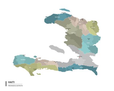 Haiti Higt 'in detaylı haritası. Bölgeleri ve şehirleri eyalet ve idari bölgeler tarafından renklendirilmiş Haiti idari haritası. Vektör illüstrasyonu.