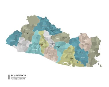 El Salvador Higt haritayı alt bölümlere ayırdı. Eyaletler ve idari bölgeler tarafından renklendirilmiş El Salvador 'un idari haritası. Vektör illüstrasyonu.