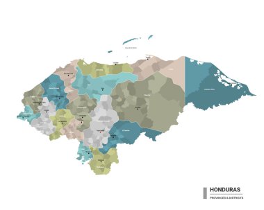 Honduras higt haritayı alt bölümlere ayırdı. Eyaletler ve idari bölgeler tarafından renklendirilmiş Honduras 'ın idari haritası. Vektör illüstrasyonu.