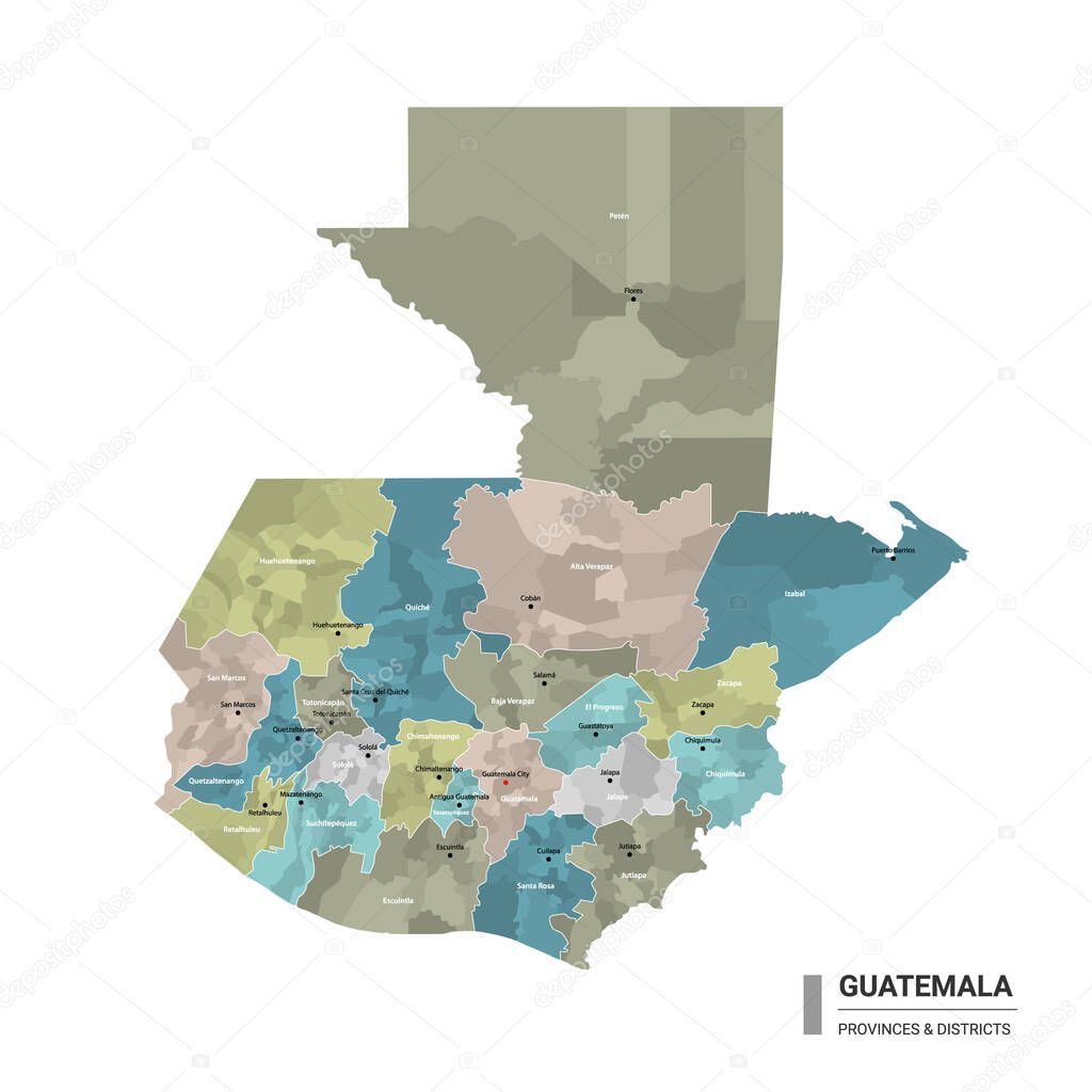 Guatemala higt detailed map with subdivisions. Administrative map of Guatemala with districts and cities name, colored by states and administrative districts. Vector illustration.