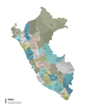 Peru higt detailed map with subdivisions. Administrative map of Peru  with districts and cities name, colored by states and administrative districts. Vector illustration.