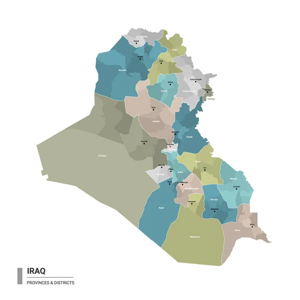 Ирак Higt Подробную Карту Подразделениями Административная Карта Ирака Названиями Районов — стоковый вектор