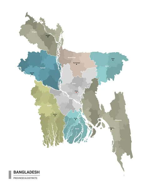 Bangladesh Higt Mapa Detallado Con Subdivisiones Mapa Administrativo Bangladesh Con — Vector de stock