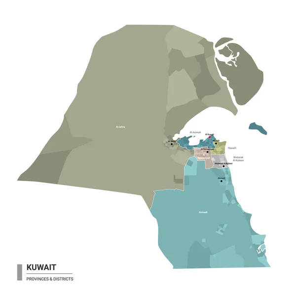 Kuwait Higt Mapa Detallado Con Subdivisiones Mapa Administrativo Kuwait Con — Vector de stock