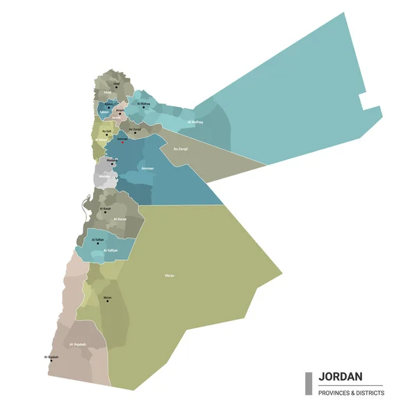 Jordanien Higt Detaljerad Karta Med Delsektioner Administrativ Karta Över Jordanien — Stock vektor