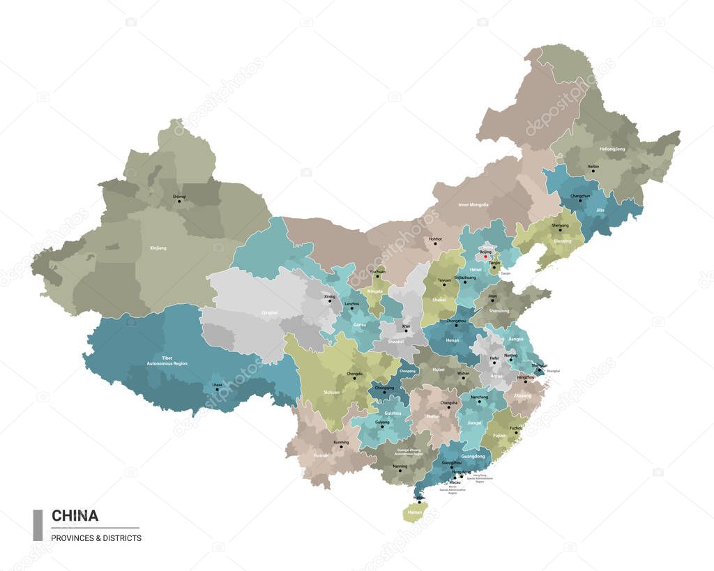 China higt detailed map with subdivisions. Administrative map of China with districts and cities name, colored by states and administrative districts. Vector illustration.