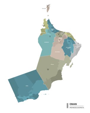 Oman higt detailed map with subdivisions. Administrative map of Oman with districts and cities name, colored by states and administrative districts. Vector illustration. clipart