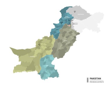 Pakistan higt ayrıntılı haritası ile alt bölümler. Pakistan 'ın idari haritası, eyaletler ve idari bölgeler tarafından renklendirilmiş şehirler ve bölgeler. Vektör illüstrasyonu.