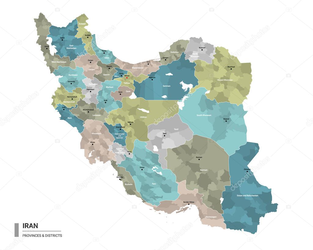 Iran higt detailed map with subdivisions. Administrative map of Iran with districts and cities name, colored by states and administrative districts. Vector illustration.