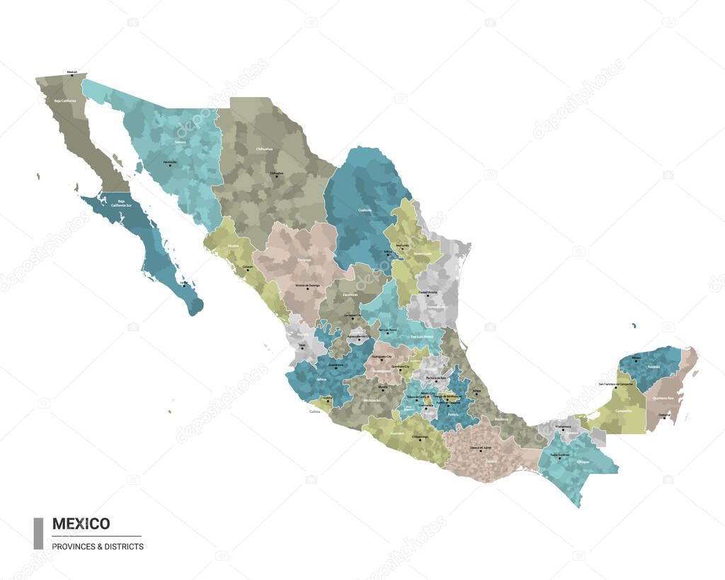 Mexico higt detailed map with subdivisions. Administrative map of Mexico with districts and cities name, colored by states and administrative districts. Vector illustration.