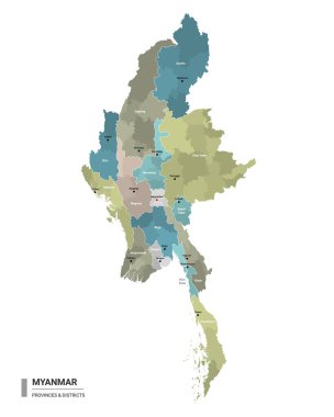 Myanmar Higt, altbirimlerle detaylı bir harita hazırladı. Myanmar 'ın eyalet ve idari bölgeler tarafından renklendirilmiş ilçeleri ve şehirleri olan idari haritası. Vektör illüstrasyonu.