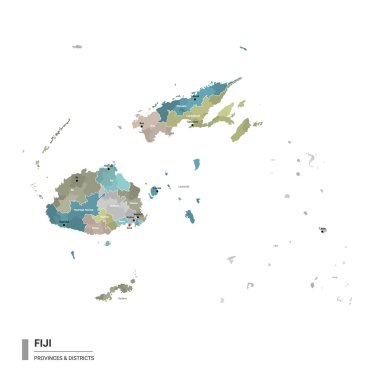 Fiji higt alt bölümlerle detaylı harita. Bölgeleri ve şehirleri eyalet ve idari bölgeler tarafından renklendirilmiş Fiji 'nin idari haritası. Vektör illüstrasyonu.