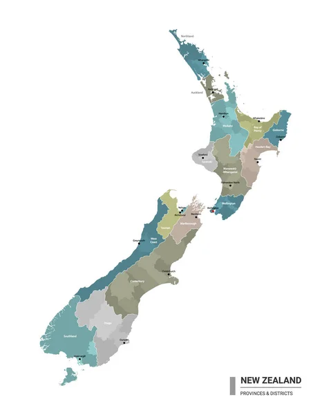 新西兰用细分管理详细的地图 新西兰行政地图 有地区和城市名称 按国家和行政区划分 矢量说明 — 图库矢量图片