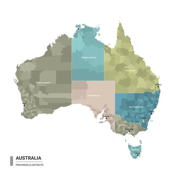 澳大利亚采用细分的详细地图 澳大利亚的行政地图 有地区和城市的名称 按州和行政区划分 矢量说明 — 图库矢量图片