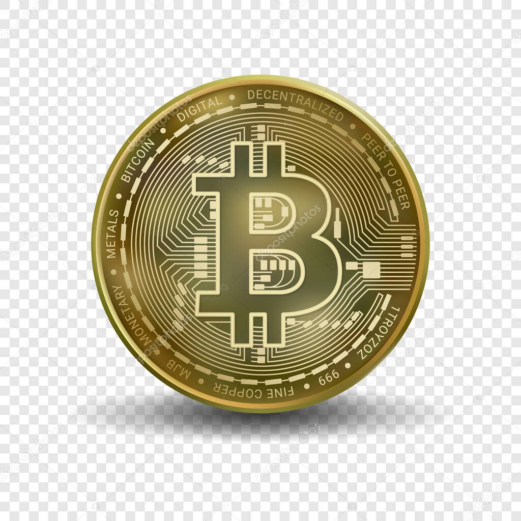 Bitcoin money isolated on transparent background. Golden bitcoin coin blockchain technology for crypto currency.  Realistic 3d vector illustration.