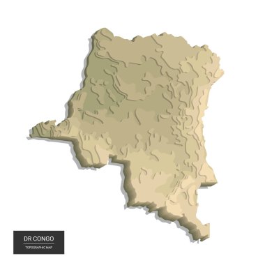 DR Congo map - 3D digital high-altitude topographic map. 3D vector illustration. Colored relief, rugged terrain. Cartography and topology.