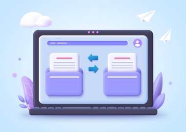 Dosya aktarım konsepti. Belge ve dosyaların aktarıldığı iki dosya. 3d vektör illüstrasyonu.