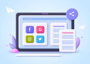 Dosya aktarımı kavramı. Dosya paylaşımı. Çevrimiçi bulut teknolojisi, sosyal ağ. 3d vektör illüstrasyonu.