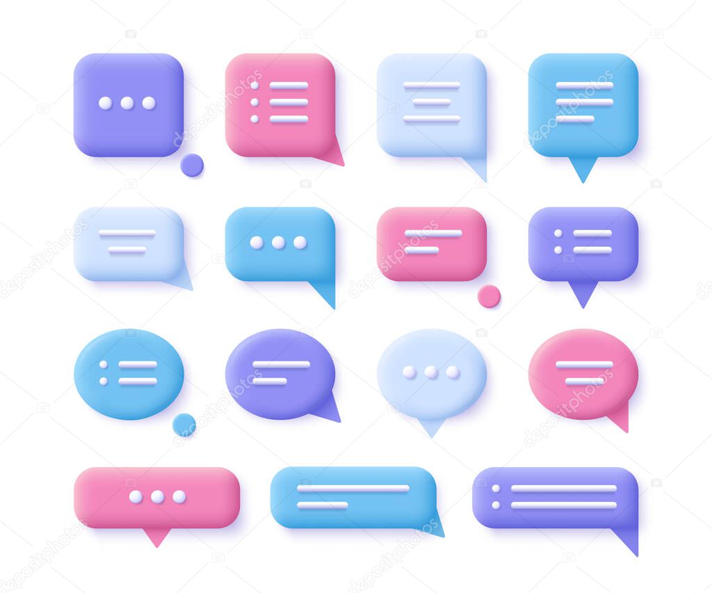 Speech, communication, dialogue bubbles - realistic icon set. 3d vector illustration.