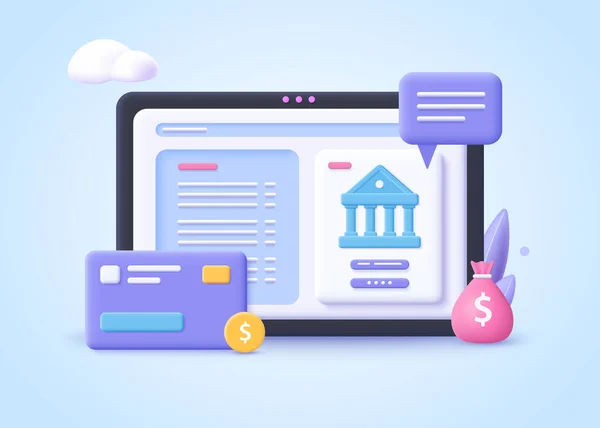 Bankacılık Operasyonu kavramı. Finansal işlemler, ödemeler, online bankacılık, para transferleri ve banka hesapları. 3d vektör illüstrasyonu.