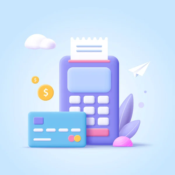 支払い処理の概念 金融取引 銀行カード 購入プロセスのターミナル 3Dベクトル図 — ストックベクタ
